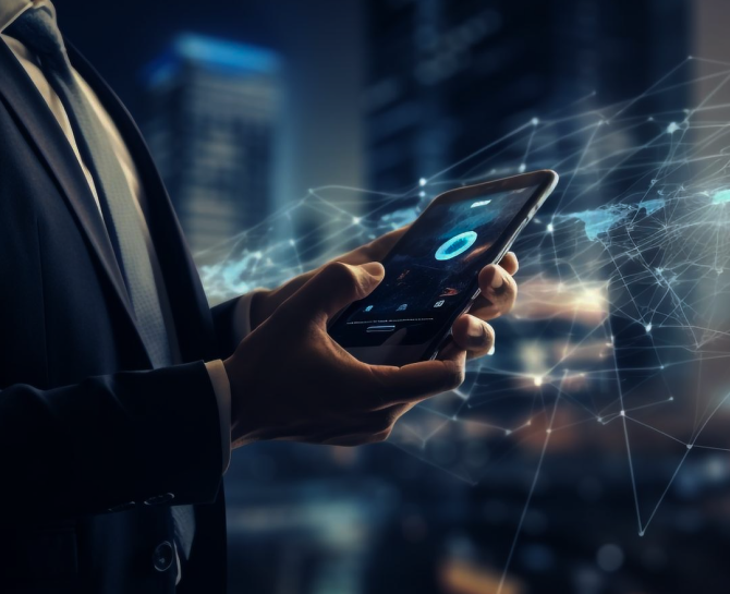 A person in a suit holds a glowing smartphone, displaying digital connections against a cityscape at night, conveying technology and connectivity.