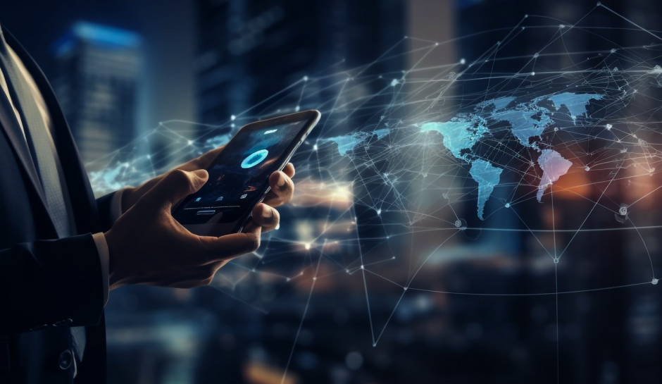 A person in a suit holds a glowing smartphone, displaying digital connections against a cityscape at night, conveying technology and connectivity.