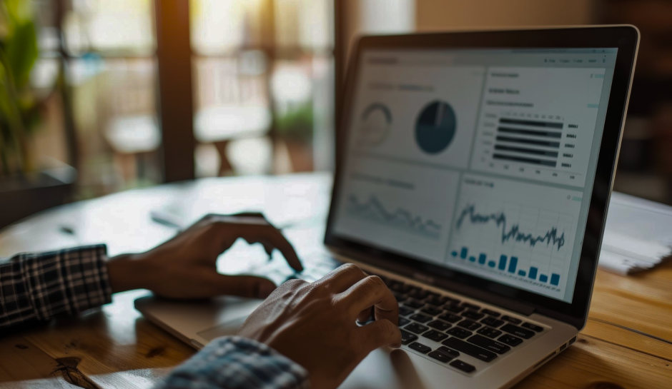Hands typing on a laptop displaying various charts and graphs, with warm sunlight streaming through distant windows, creating a focused work atmosphere.