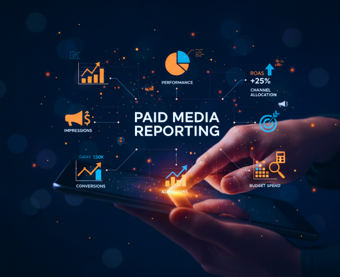 A person interacts with a tablet displaying the phrase "Paid Media Reporting" surrounded by digital metrics like performance, impressions, and conversions.