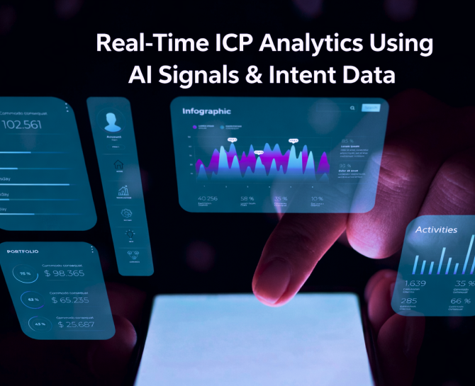 A hand interacts with a digital touchscreen displaying real-time ICP analytics, AI signals, and intent data visualizations.
