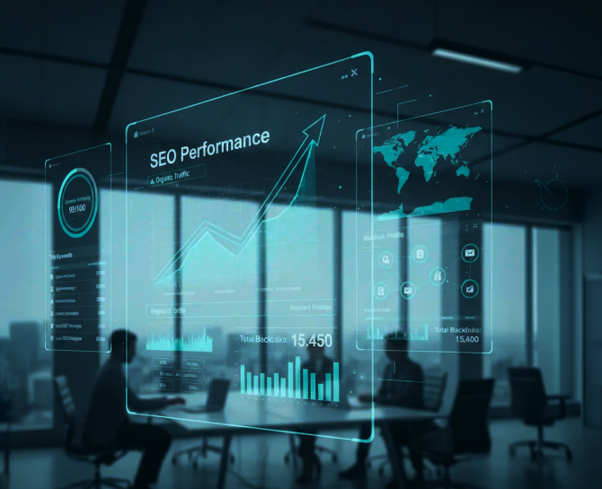 A modern office with digital screens displaying SEO performance metrics, including traffic stats and graphs, against a cityscape backdrop.