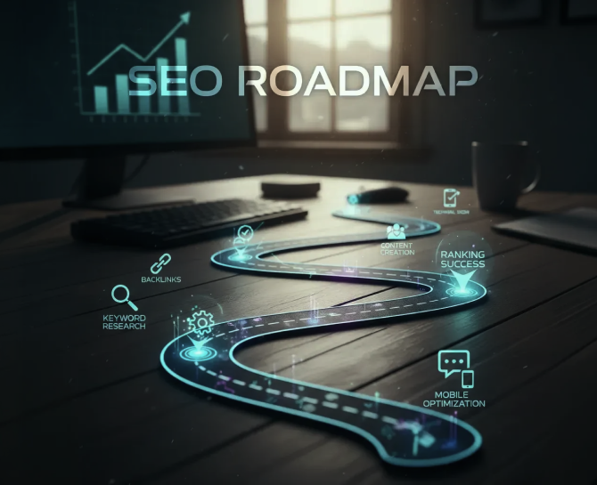 A digital illustration of a winding SEO roadmap labeled "SEO ROADMAP," featuring icons for keyword research, backlinks, content creation, ranking success, and mobile optimization on a desk workspace.