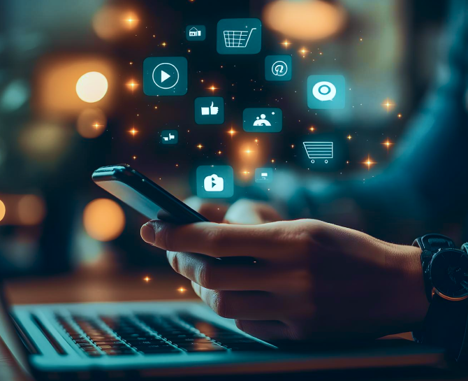Hands holding a smartphone over a laptop, with floating digital icons like shopping carts and social media, conveying a tech-savvy, connected vibe.