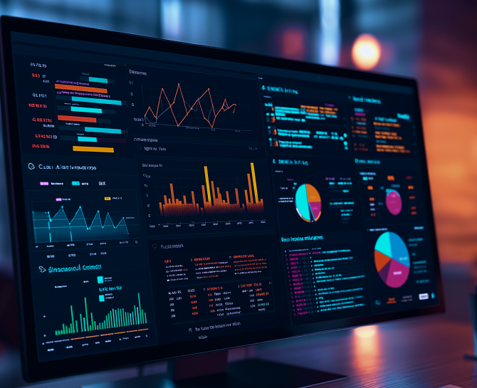 A computer screen displaying colorful data visualizations, including line graphs, bar charts, and pie charts, in a dimly lit room, conveying analysis.