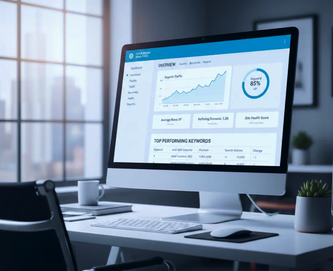 A computer monitor displays an analytics dashboard featuring traffic statistics, keyword performance, and site health metrics.