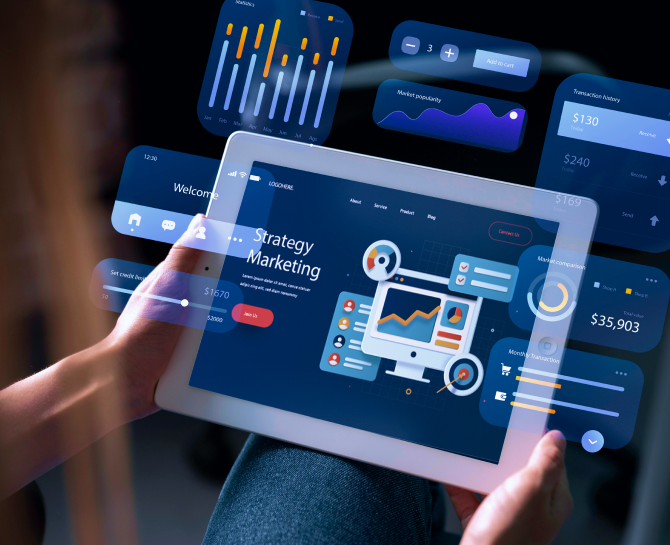 Person holding a tablet displaying strategy marketing visuals with floating financial and data analytics graphics around it.