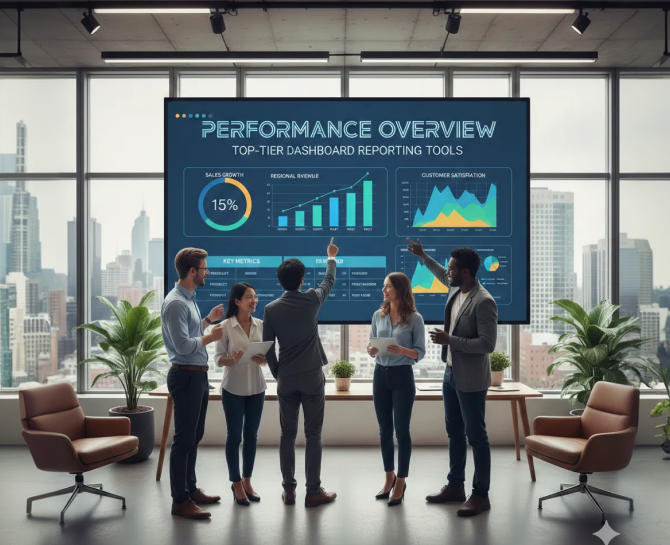 Five people in business attire stand before a large screen displaying charts and graphs labeled "Performance Overview," showcasing insights from the best dashboard reporting tools in a modern office with city views.