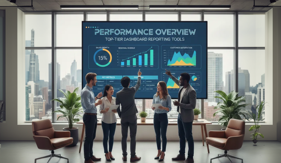 Five people in business attire stand before a large screen displaying charts and graphs labeled 