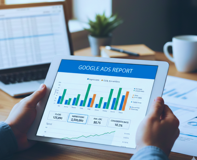 Person holding a tablet displaying a Google Ads report with charts and metrics like clicks, impressions, CPC, and conversion rate.