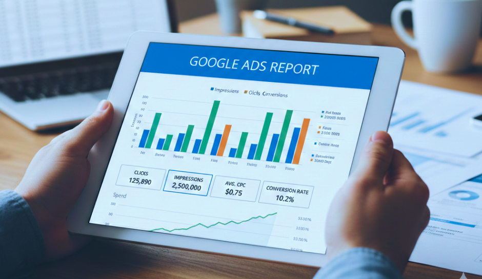 Person holding a tablet displaying a Google Ads report with charts and metrics like clicks, impressions, CPC, and conversion rate.