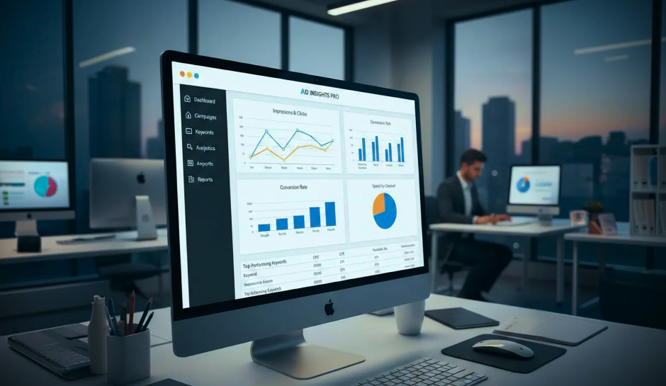 A computer screen displays analytics charts in a modern office, with graphs and pie charts labeled 