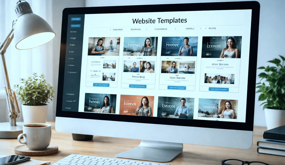 Computer screen displaying a website template selection page with various blog and business template options and thumbnail photos of people.