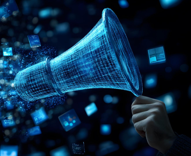 A hand holds a digital megaphone emitting glowing blue squares and icons, symbolizing digital communication and information dissemination. Dark background.