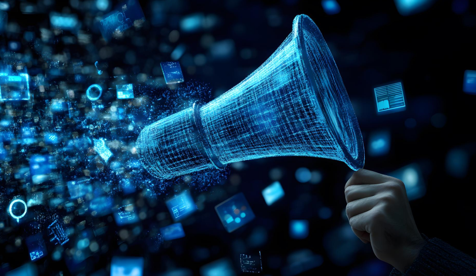 A hand holds a digital megaphone emitting glowing blue squares and icons, symbolizing digital communication and information dissemination. Dark background.