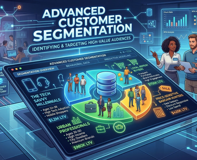 Futuristic illustration of "Advanced Customer Segmentation" with diverse groups and data visuals. Professionals analyze data on a digital interface.