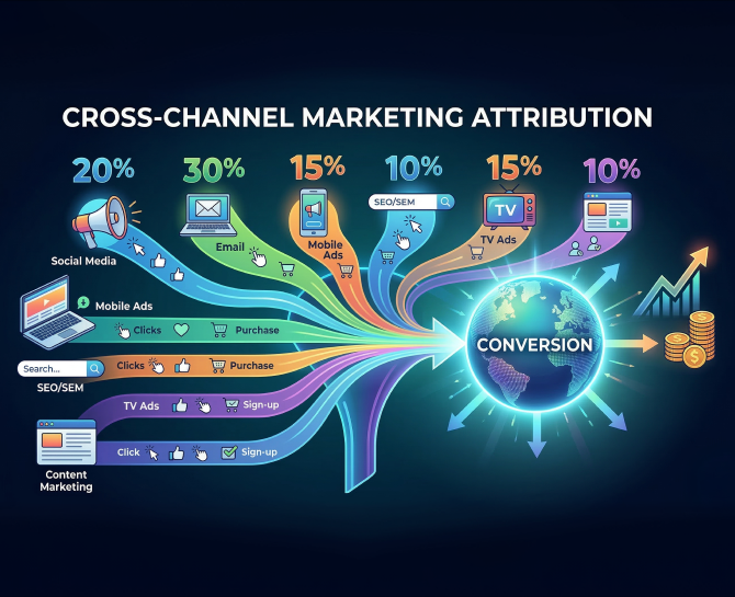 Colorful infographic illustrating cross-channel marketing attribution. Arrows from social media, email, mobile ads, and TV ads lead to a glowing "Conversion" globe, showing various percentages. The tone is analytical and dynamic.