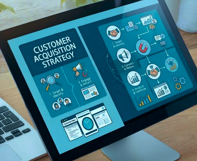 Computer screen displays a "Customer Acquisition Strategy" diagram with steps and icons, emphasizing targeting, engagement, connection, and analysis.