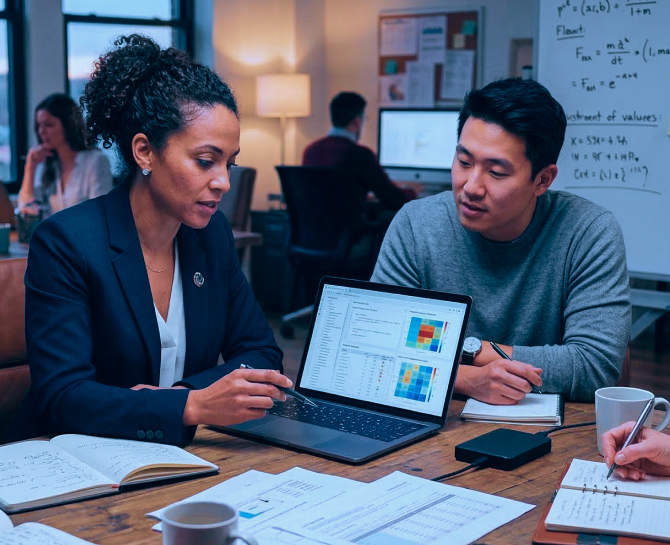 Two colleagues discuss data on a laptop in a modern office. The room is lively, with notes and coffee cups on the table, conveying collaboration.