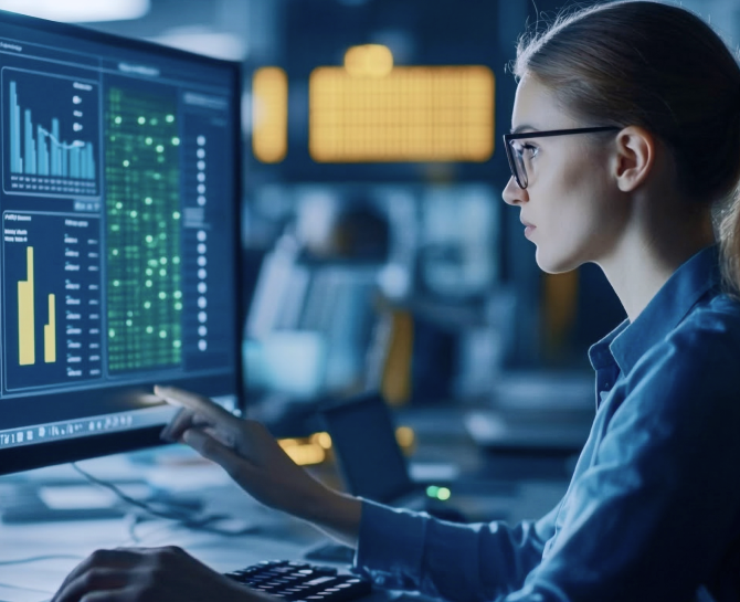 Person analyzing data visualizations and charts on a computer screen in a dimly lit office.