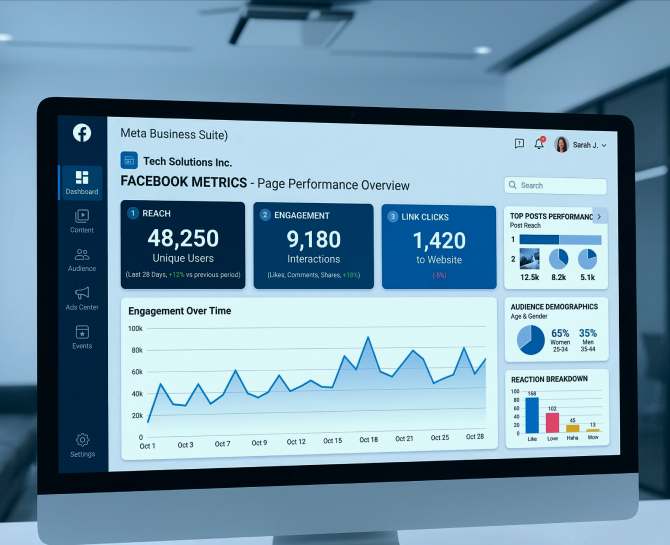 Dashboard screen of Meta Business Suite showing Facebook page metrics including reach, engagement, link clicks, demographics, and performance charts.