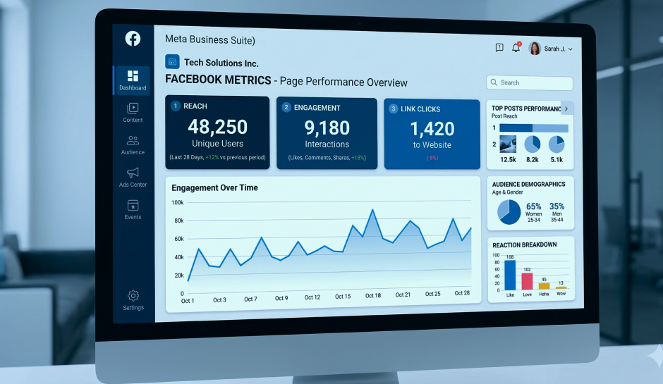 Dashboard screen of Meta Business Suite showing Facebook page metrics including reach, engagement, link clicks, demographics, and performance charts.