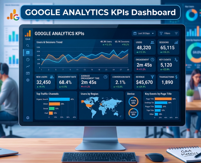 Computer monitor displaying a Google Analytics KPIs dashboard with user trends, engagement, revenue, traffic sources, and regional data.
