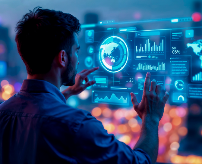 A man interacts with a futuristic digital screen displaying global data, charts, and graphs, set against a blurred cityscape, conveying innovation and technology.