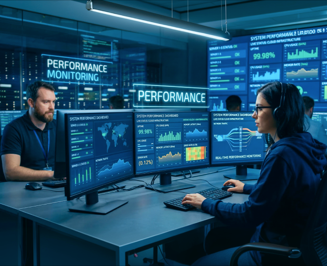 Two IT professionals monitoring real-time system performance on multiple computer screens in a modern control room.