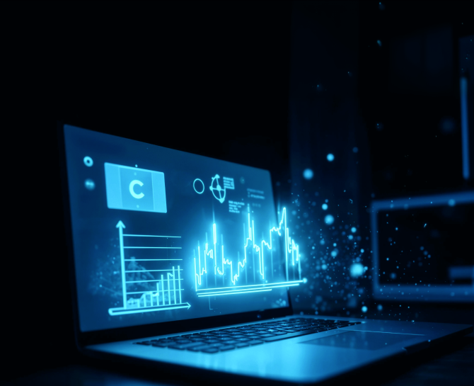 A glowing laptop screen displays digital graphs and charts in blue hues, suggesting data analysis. The scene conveys a futuristic, tech-savvy atmosphere.