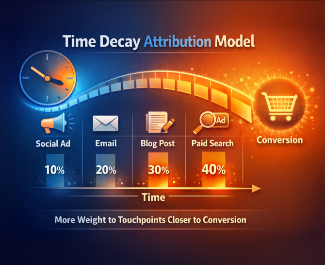 Time Decay Attribution Model graphic showing a gradient from blue to orange. Indicators for Social Ad (10%), Email (20%), Blog Post (30%), and Paid Search (40%) lead to a shopping cart icon labeled 'Conversion.' A clock and arrow represent time passing, emphasizing more weight to touchpoints closer to conversion.
