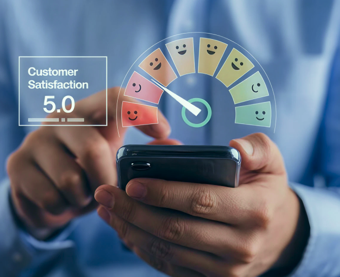 Person holding smartphone with a customer satisfaction rating gauge showing a score of 5.0 out of 10 with mixed smiley faces.