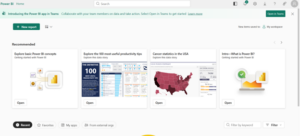 Screenshot of the Power BI home page showing recommended reports, including topics like Power BI concepts, productivity tips, USA cancer statistics, and Power BI introduction.