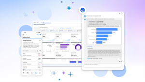 A digital illustration shows a mobile device, a dashboard, and a chat interface displaying data visualizations, charts, and text on a blue and purple gradient background.