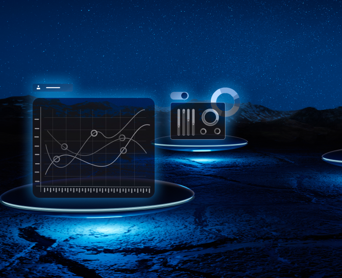 Futuristic digital interface floating above a blue, cracked surface under a starry night sky with data charts and controls.