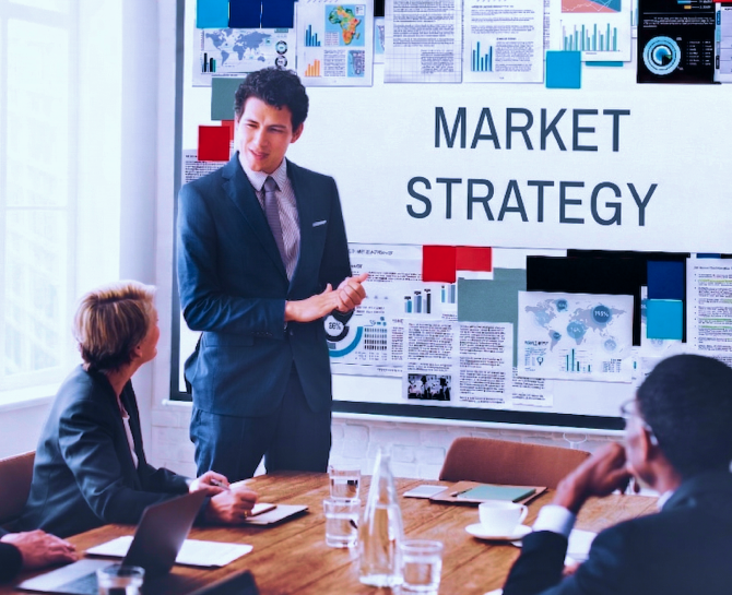 Man in a suit presenting a "Market Strategy" in a meeting room. Charts and graphs displayed on the wall. Engaged colleagues seated at a table.