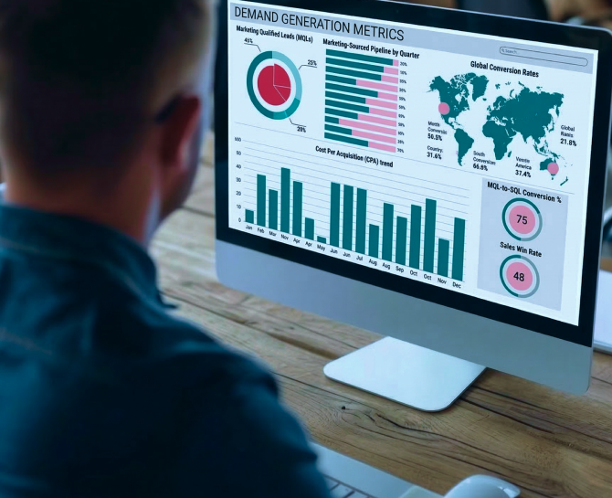 A person reviews demand generation metrics on a computer screen. The display shows charts and graphs, including a pie chart, bar graphs, and a world map, conveying a professional and analytical tone.