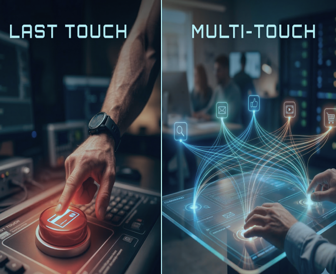 Split image comparing "Last Touch" and "Multi-Touch." Left: hand pressing a red button. Right: hands using a digital interface with icons. Modern, tech-focused.