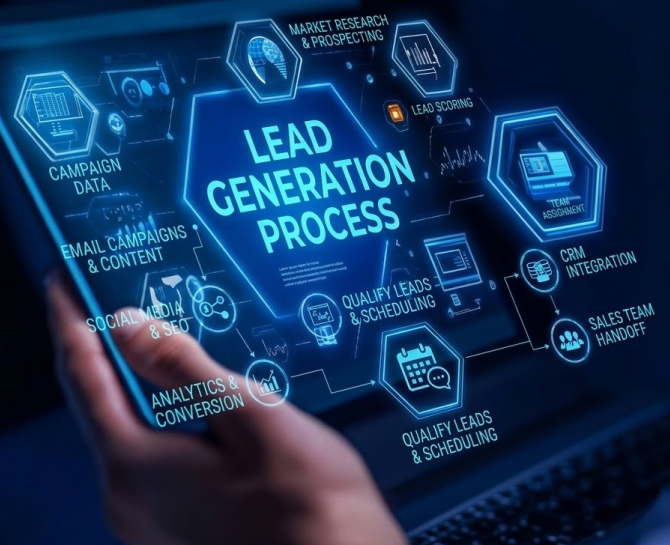A person interacts with a digital screen displaying "Lead Generation Process" and related elements like "CRM Integration," "Analytics," and "Social Media," conveying a tech-focused business environment.