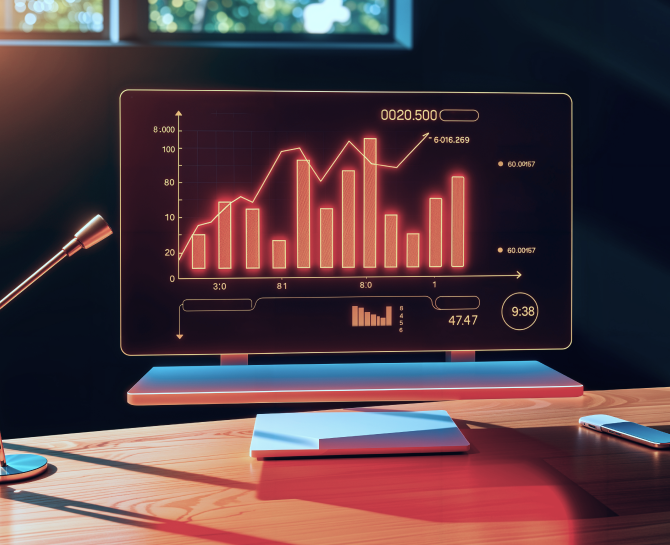 Futuristic transparent computer screen on a desk displaying glowing red bar and line graphs with data analytics in a dark room.