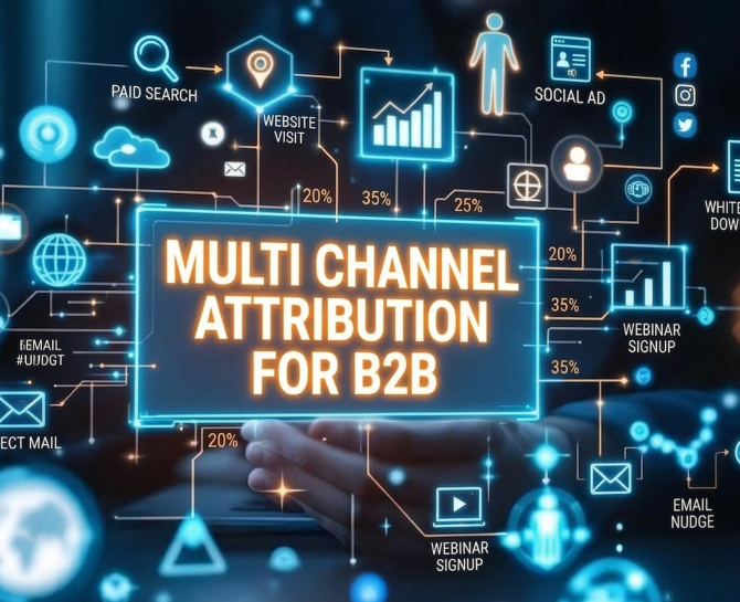 Digital marketing flowchart highlighting multi channel attribution for B2B with percentages for paid search, social ads, emails, and webinars.
