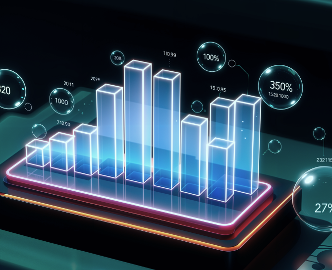3D holographic bar chart displayed on a smartphone screen with glowing data points and percentage values floating around.