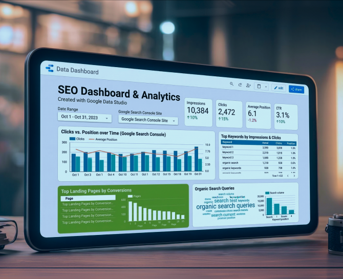 A tablet displays an SEO Dashboard with graphs and metrics. It shows impressions, clicks, and organic search data, conveying a business analytics theme.