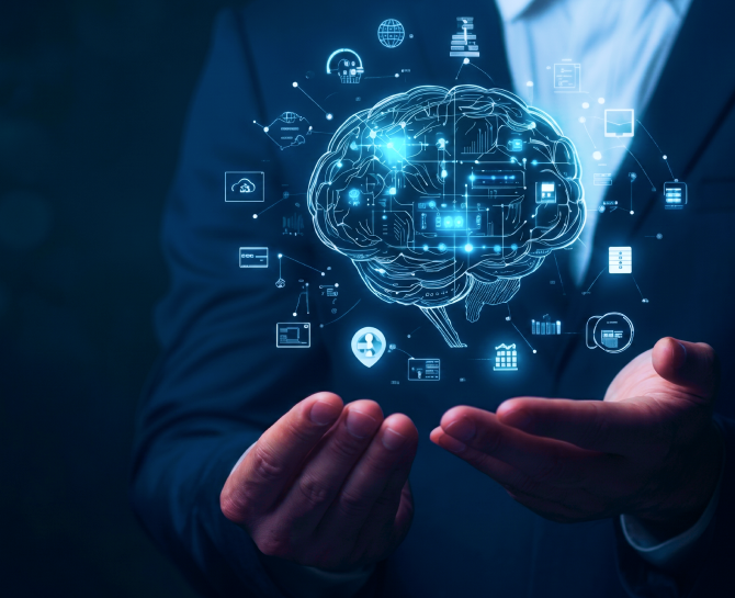 Person in suit holding a glowing digital brain hologram with interconnected technology and data icons floating above hands.