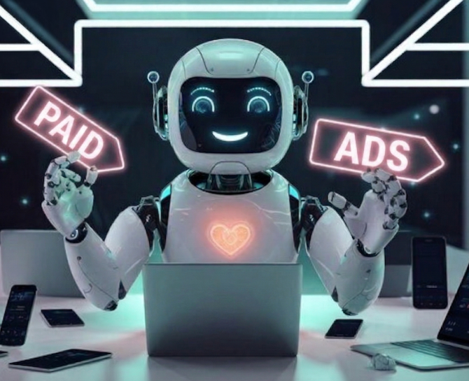 Futuristic robot with glowing heart holds neon signs reading "PAID" and "ADS" in a tech-filled workspace with multiple devices.