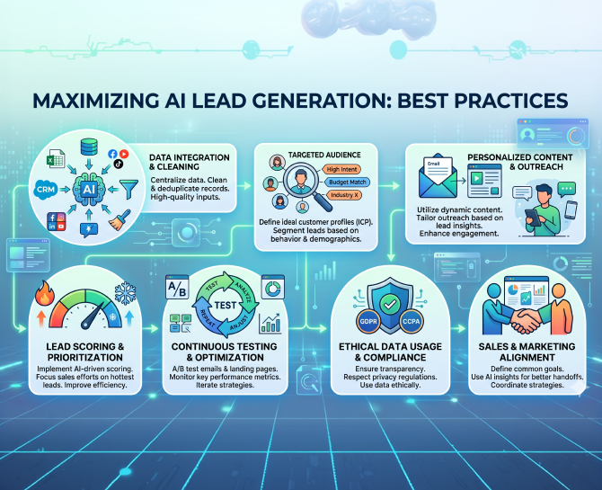 Infographic outlining best practices for maximizing AI lead generation, including data cleaning, targeting, personalized outreach, scoring, testing, compliance, and sales alignment.