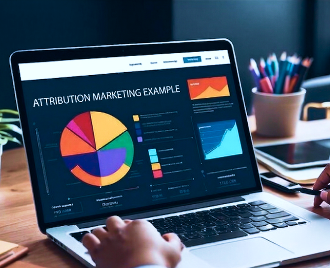 Person analyzing attribution marketing data on a laptop screen with colorful charts and graphs on a wooden desk.