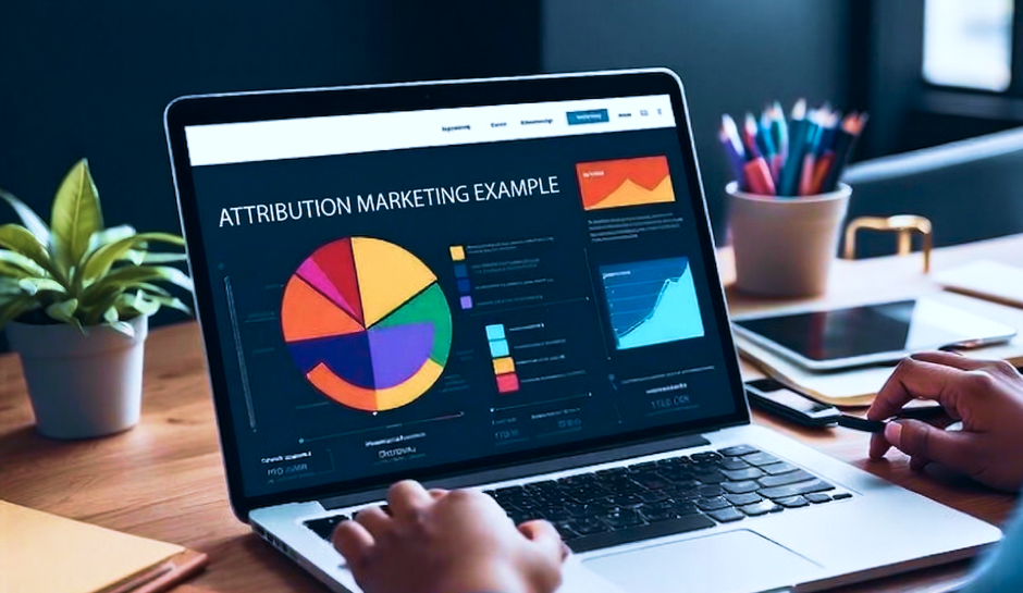 Person analyzing attribution marketing data on a laptop screen with colorful charts and graphs on a wooden desk.