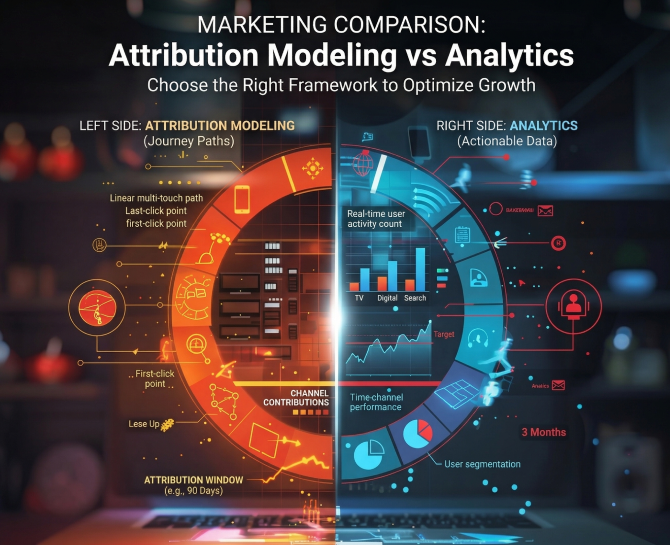 Comparison infographic of marketing attribution modeling vs analytics, highlighting different insights, focuses, and data visualizations for growth optimization.