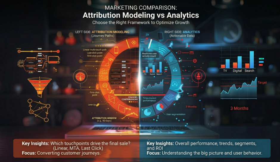 Marketing comparison graphic showing Attribution Modeling vs Analytics. Left: Attribution focuses on journey paths with vibrant orange tones. Right: Analytics features actionable data in cool blues with charts. Balanced semicircular design conveys strategic contrast.